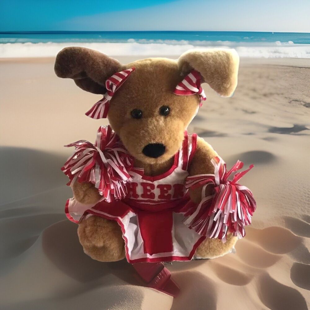 Build A Bear Cheerleader Dog Pom Poms Bows Drill Cheer Puppy Animal Plush BAB